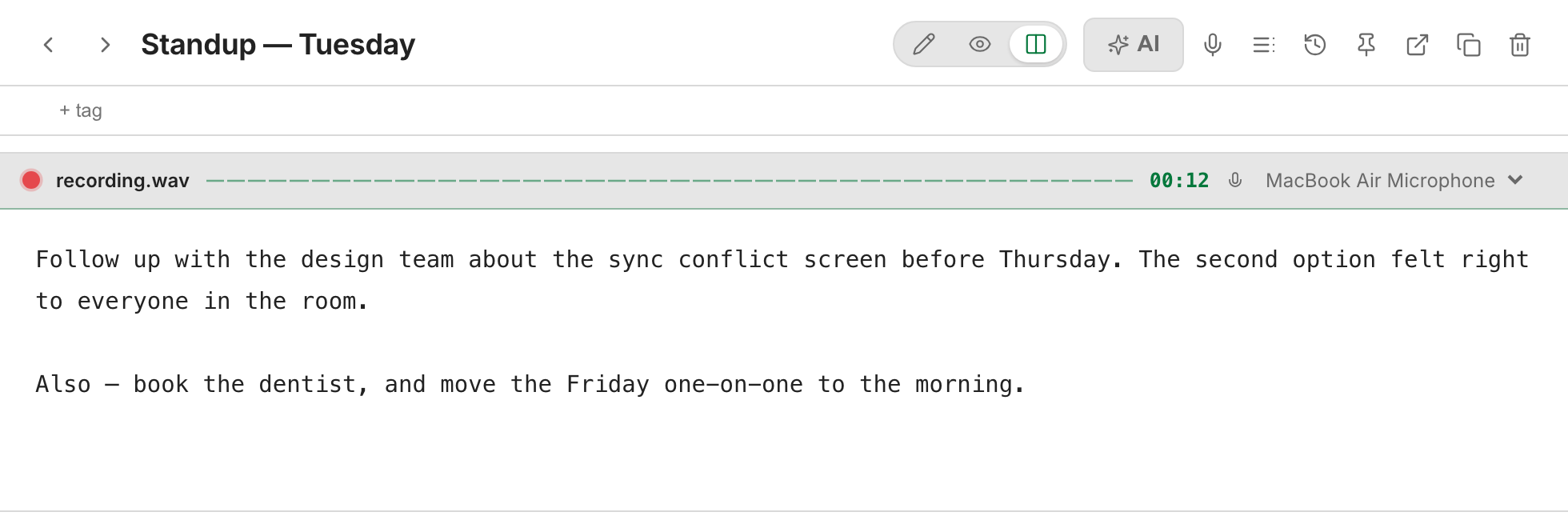 VelocityNote recording: the recording bar with a live timer and microphone picker, and the dictated sentences already written into the note